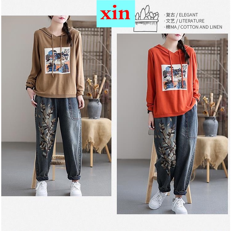 Quần Jeans Lưng Cao Dáng Rộng Thêu Họa Tiết Phong Cách Dân Tộc Mẫu Mới Thời Trang Xuân Thu Cho Nữ 2022