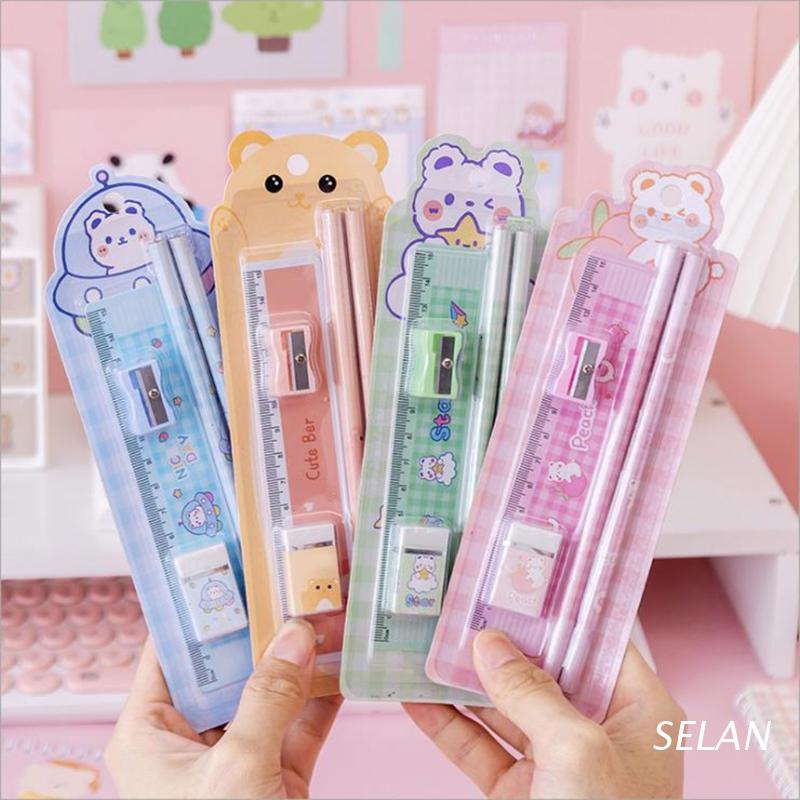 Bộ 5 dụng cụ văn phòng phẩm dành cho học sinh 2 bút chì gỗ 1 tẩy cao su trắng 1 chuốt bút chì 1 thước hoạt hình