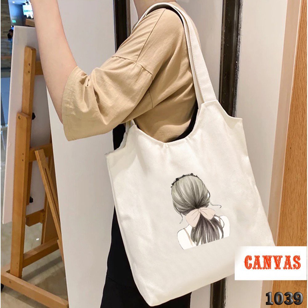 TÚI TOTE TRẮNG CHẤT VẢI CANVAS 1039 CÔ GÁI QUAY LƯNG DỄ THƯƠNG HÀNG CHUẨN ĐẸP