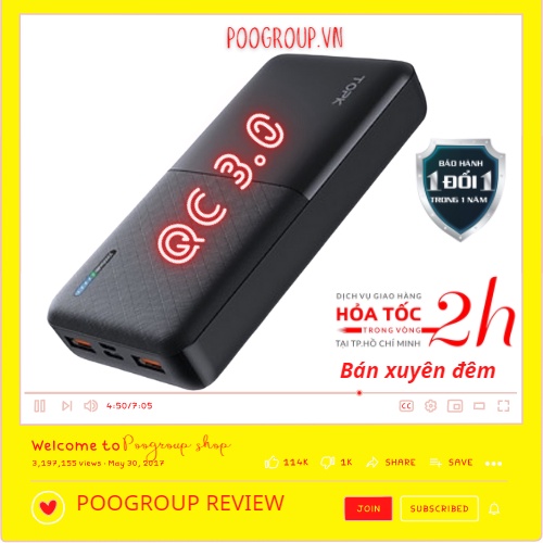 Sạc Dự Phòng TOPK I2009Q 20000 mAh, Sạc Nhanh 18W QC3.0 Có Out Type-C