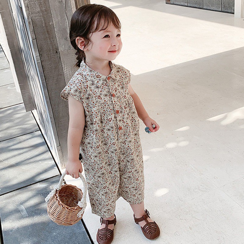 Bộ Áo Liền Quần Không Tay In Hoa Xinh Xắn Đáng Yêu Cho Bé Gái