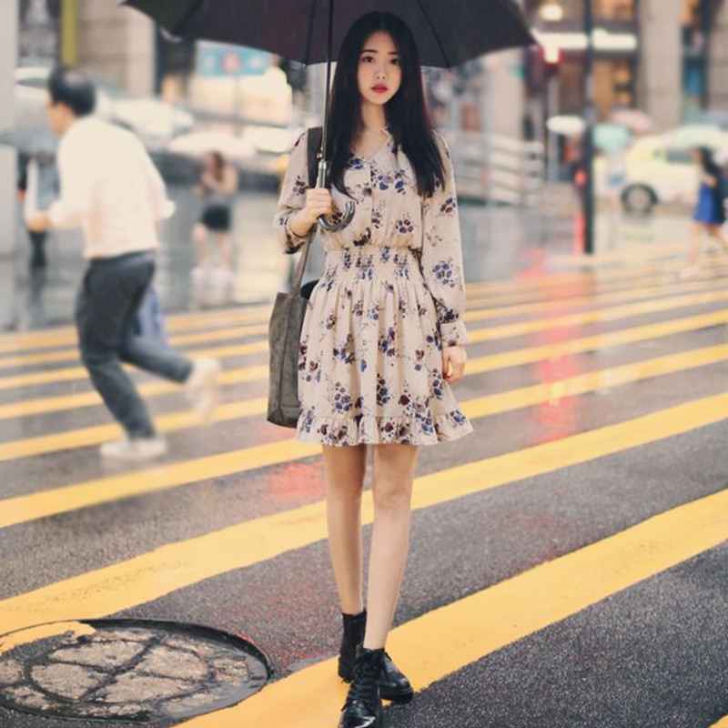 Đầm Chiffon Tay Dài Thiết Kế Cắt Xẻ Độc Đáo Phong Cách Hàn Quốc