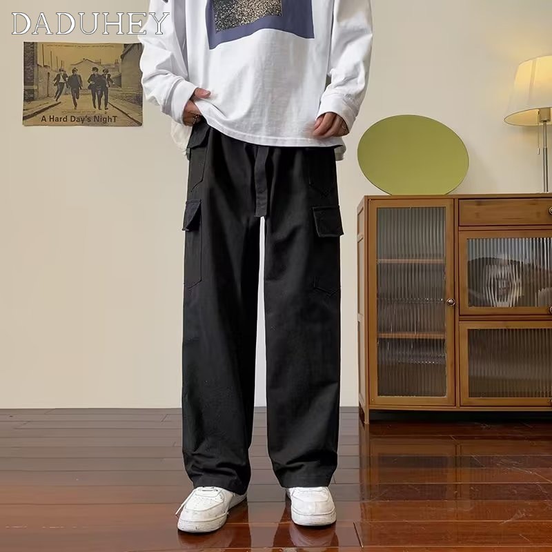 DaDuHey American Retro Multi-Pocket Elastic Waist Overalls Autumn Men's and Women's Oversize Fashion Loose Straight Casual Pants