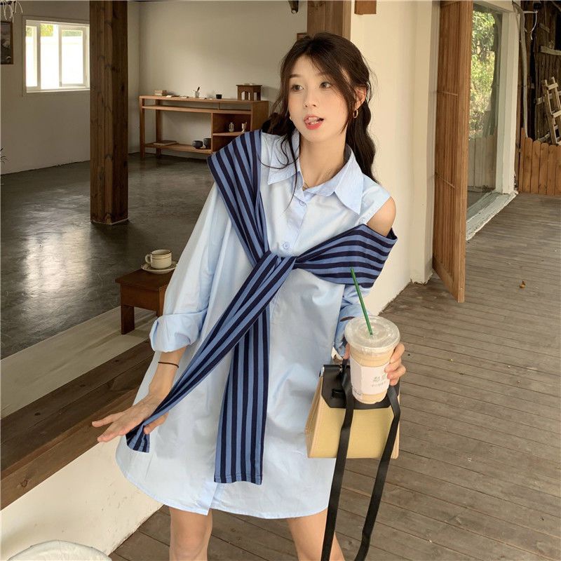 IELGY  Áo Nữ Tay Dài Hở Vai Giả Hai Lớp Họa Tiết Sọc Thời Trang