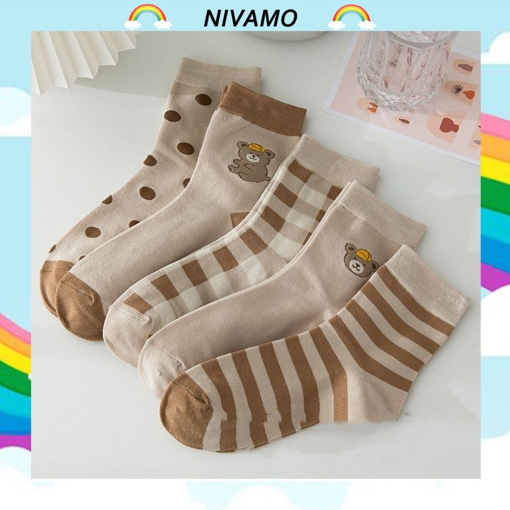 Tất nữ Nivamo vớ cổ cao họa tiết gấu tone nâu ngộ nghĩnh đáng yêu TN139