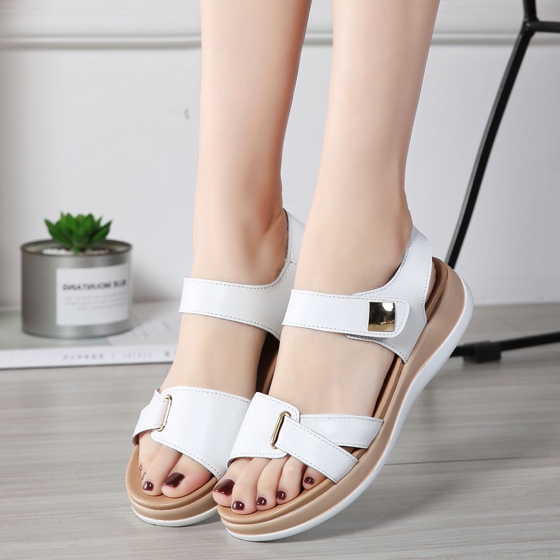 Xăng đan Đế Thấp Hở Ngón Bằng Da Có Khóa Cài Size 35-40 Cho Nữ