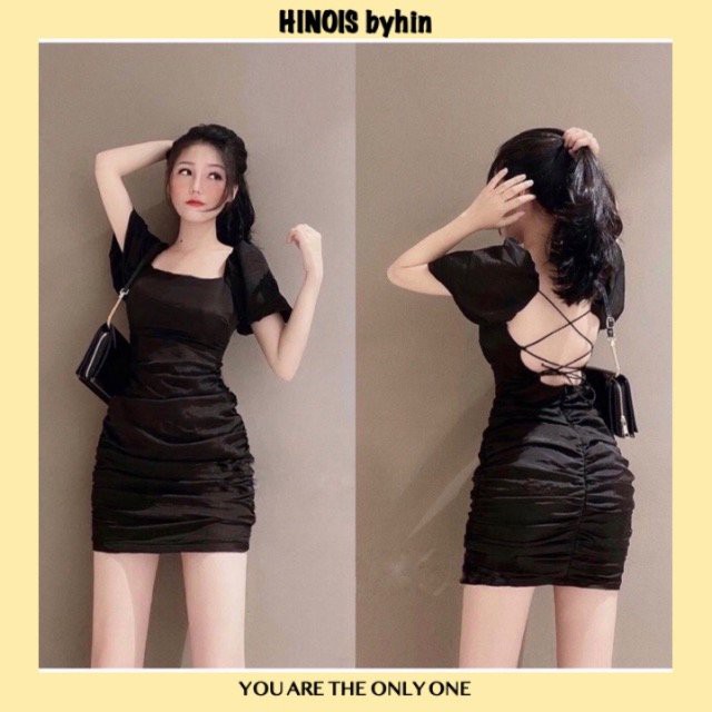 Váy Body Màu Đen 🌸 Đầm Dự Tiệc Hở Lưng Chất Lụa CÓ MÚT NGỰC Tay Phồng Cổ Vuông HỢP MỐT , Dây Đan Chéo Lưng Sexy