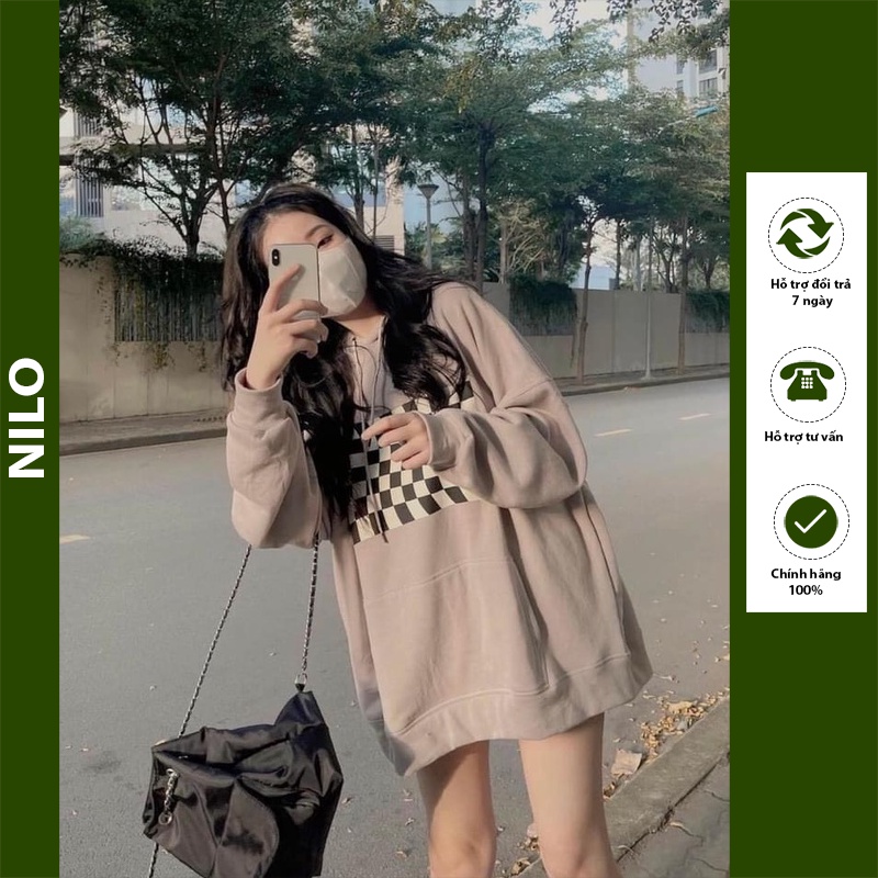 Áo Hoode Chất Nỉ Hoạ Tiết Bàn Cờ Form Thụng Có Mũ Nữ Unisex