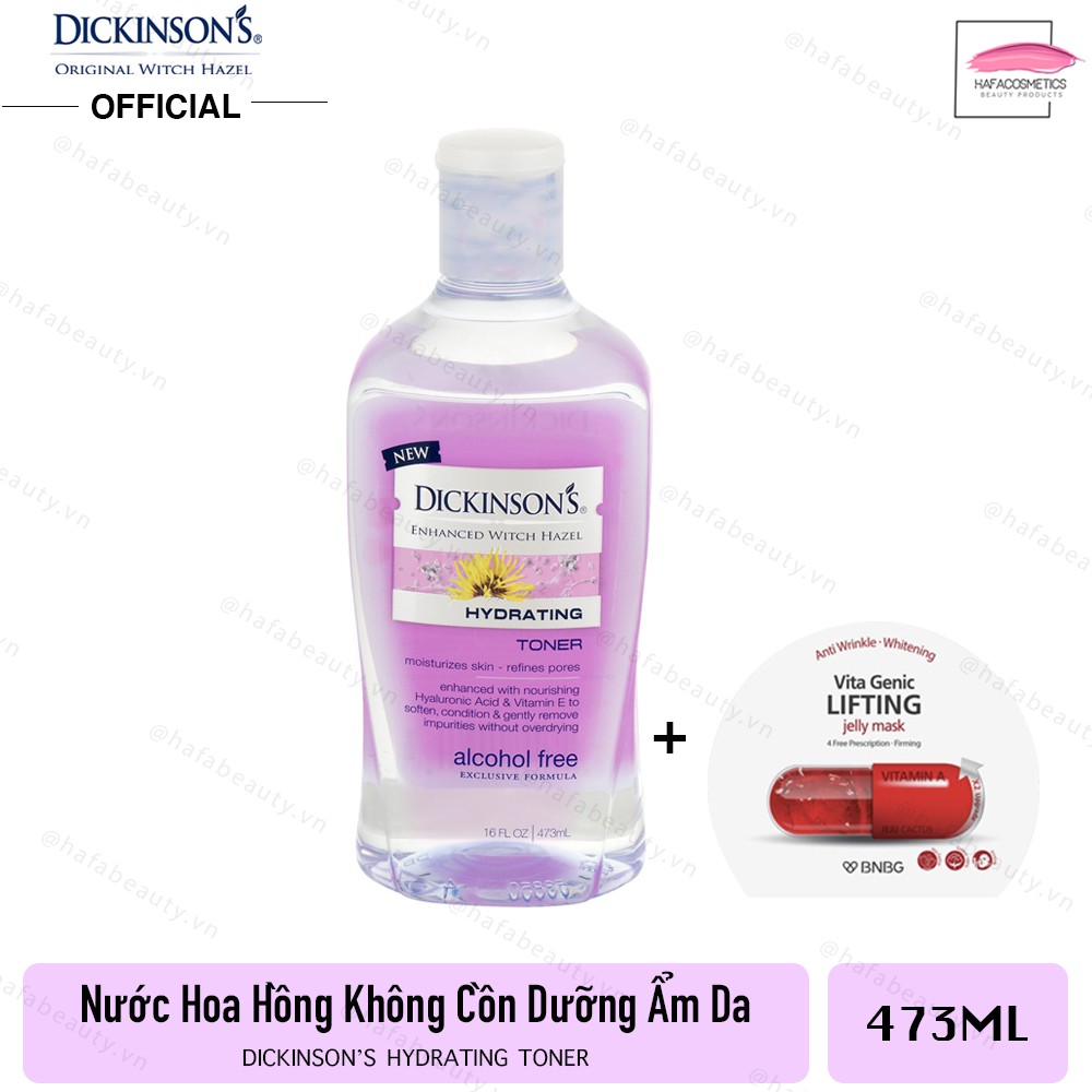 Nước hoa hồng không cồn DICKINSON'S Enhanced Witch Hazel Hydrating Toner 473ml + Tặng 1 Mặt nạ BNBG (ngẫu nhiên)