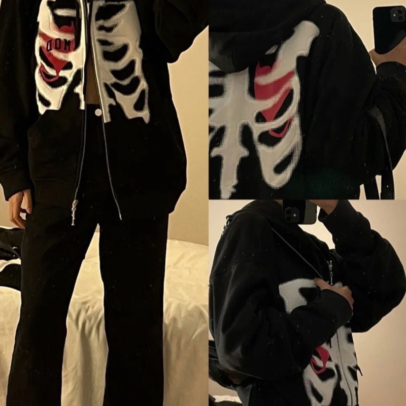 Áo khoác hoodie có khóa kéo dáng rộng quá cỡ màu trơn in họa tiết bộ xương phong cách gothic hip hop thời trang cho nữ