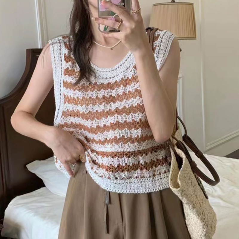 Brroa Áo Crop Top Len Móc Xuyên Thấu Hở Lỗ Gợi Cảm