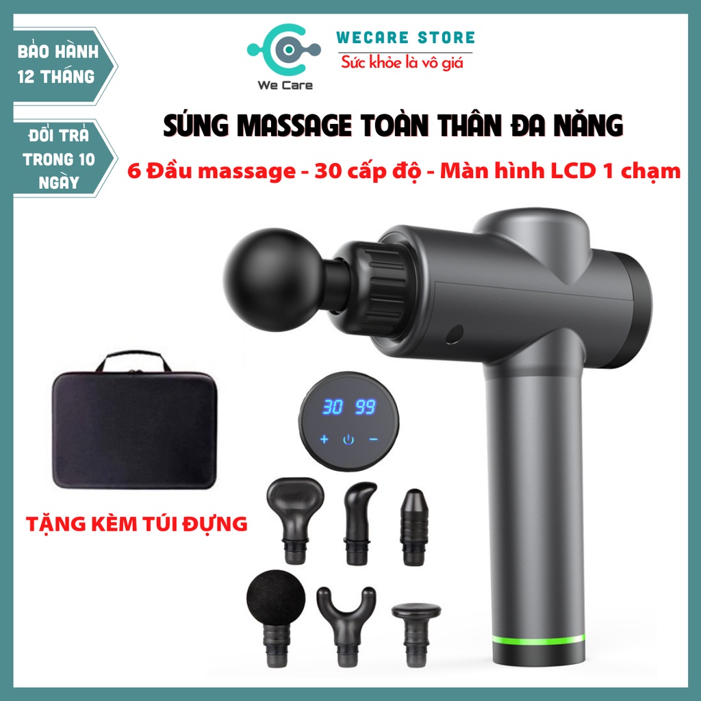 [Cao Cấp] Súng Massage Cầm Tay 6 Đầu 30 Cấp Độ, Màn Hình LCD, Máy Massage Giảm Đau Mỏi Toàn Thân, Cổ Vai Gáy