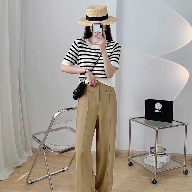Áo thun ZHELIHANGFEI dệt kim tay ngắn cổ tròn họa tiết kẻ sọc trắng đen dễ thương cho nữ