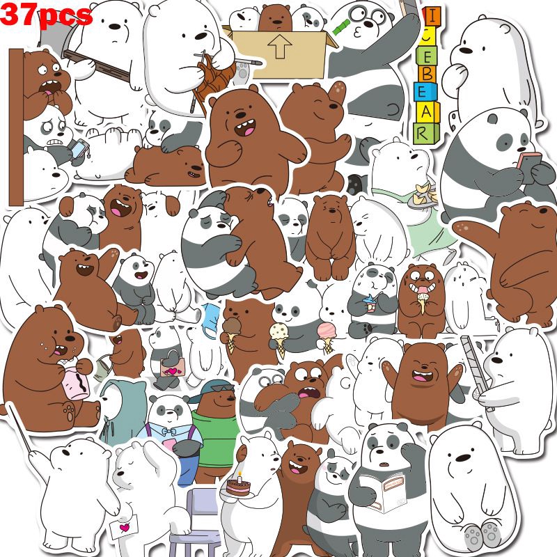 Bộ 37 Miếng Dán Trang Trí Điện Thoại/Va Ly Bằng PVC Chống Thấm Nước Họa Tiết We Bare Bears Dễ Thương