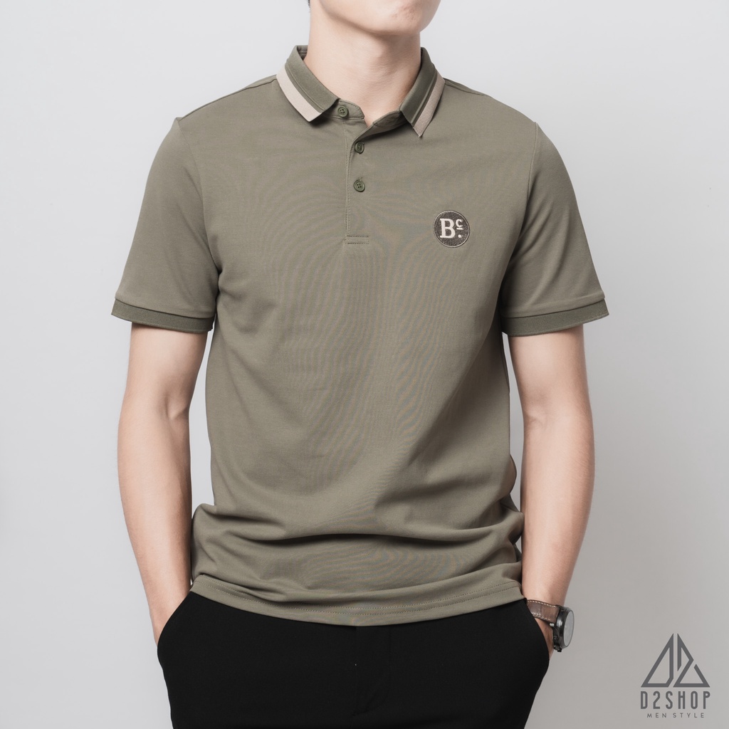 Áo thun polo nam D2shop, áo polo nam phối viền cổ thêu ngực BC, màu xanh rêu [B-3537]