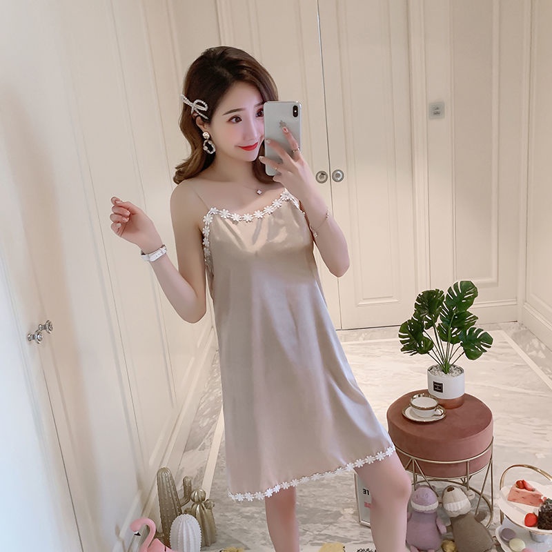 Đầm ngủ hai dây bằng lụa phối ren phong cách Hàn Quốc dễ thương thời trang mùa hè cho nữ