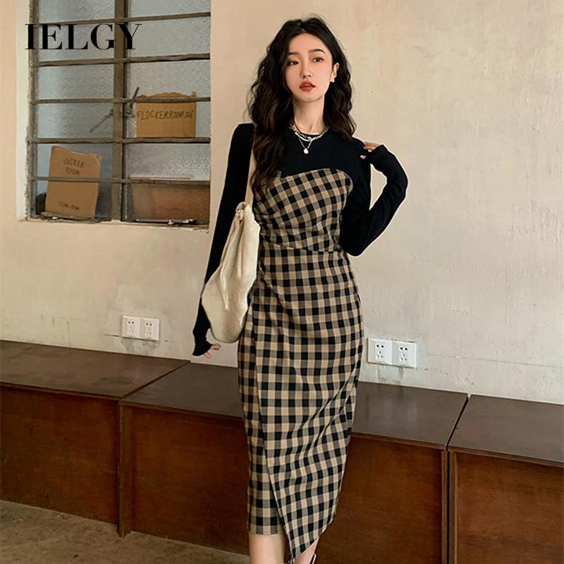 Đầm IELGY dài tay họa tiết sọc caro thiết kế xẻ tà thời trang retro Pháp