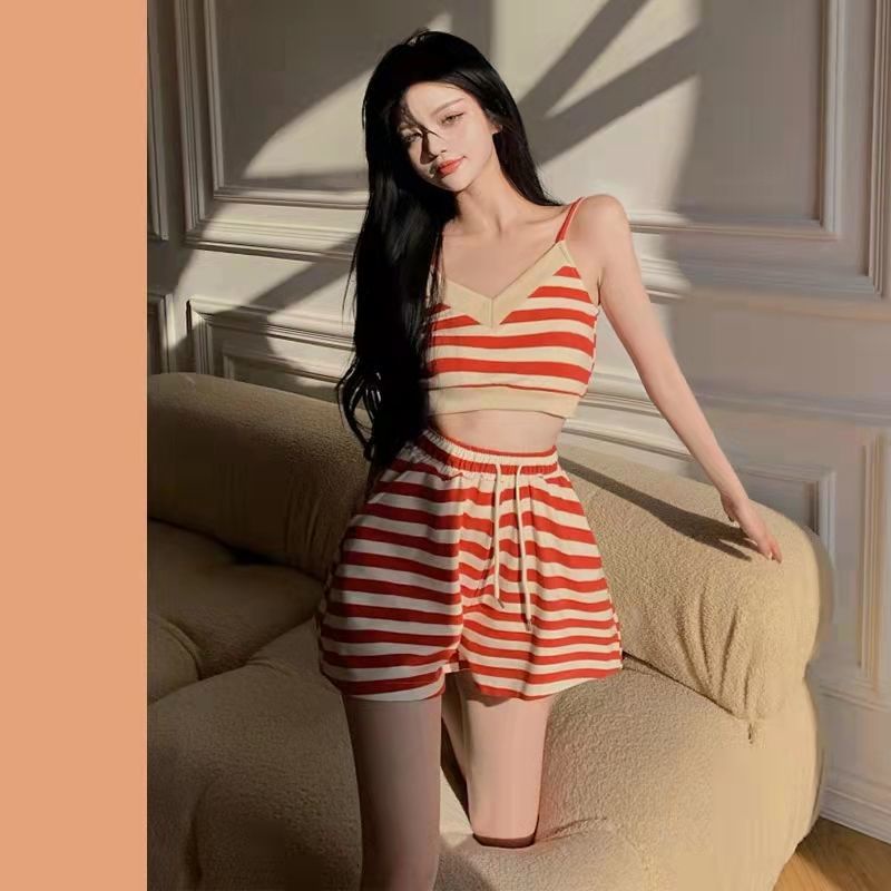 Jiashucheng Salt Series Set Đồ Thể Thao Áo Hai Dây Kẻ Sọc + Quần Short Dây Rút Phong Cách Mới Mùa Hè Cho Nữ
