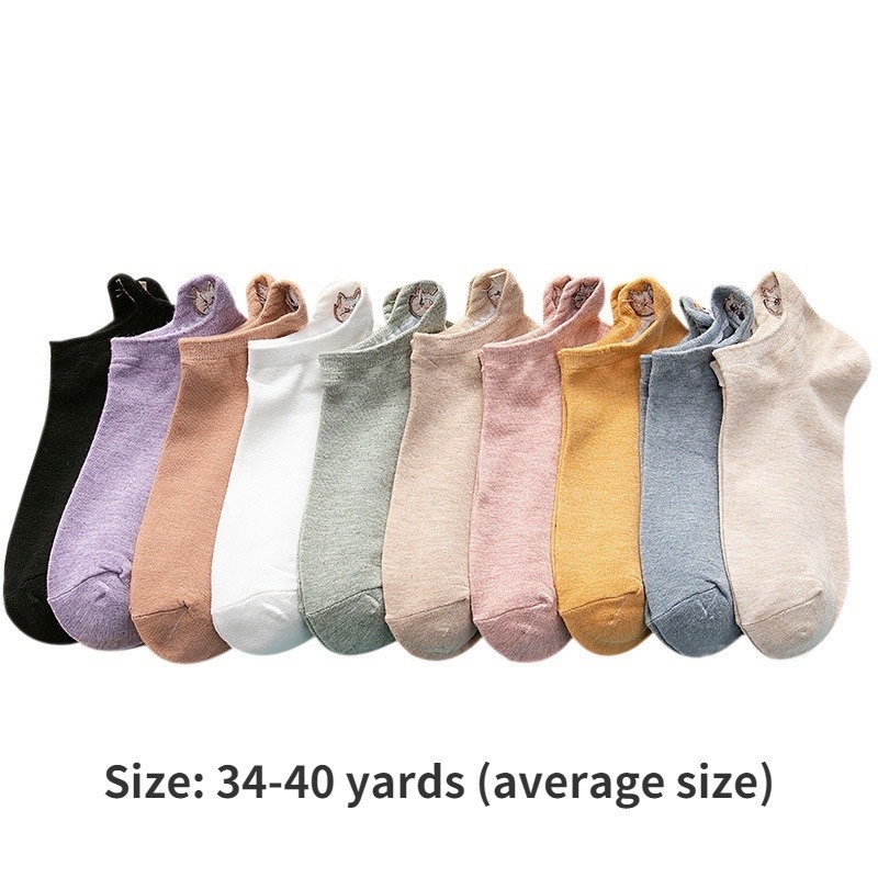 1 Đôi Vớ Cotton Cổ Thấp Mềm Mại Thêu Hình Mèo Dễ Thương Thoáng Khí Khử Mùi Cho Nữ