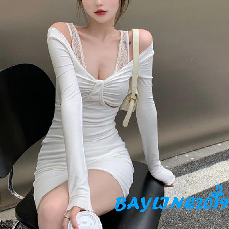 Đầm Hai Dây Ôm Dáng Tay Dài Cổ Chữ V Màu Trơn Thời Trang Cho Nữ