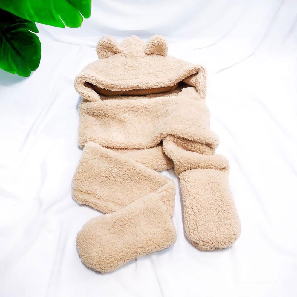 Mũ lông cừu tai gấu kèm khăn quàng cổ gang tay cute, dễ thương