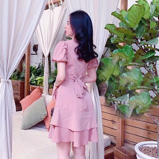 Đầm váy freesize hồng tầng thắt eo