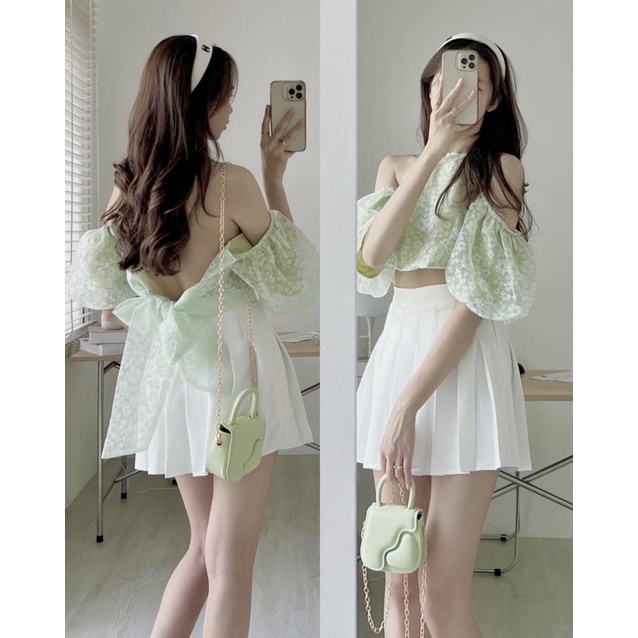 Áo croptop cổ yếm cột nơ lưng tay phồng rớt vai hoa voan tơ dễ thương điệu đà nữ tính bánh bèo đi biển du lịch hàn quốc