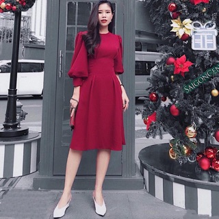 Đầm Váy Đỏ Tay Lỡ Phồng (kèm hình thật)