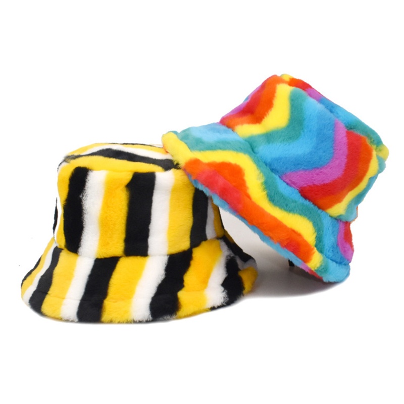 Nón Tai Bèo Giả Lông Thỏ Họa Tiết Sọc Cầu Vồng Phong Cách Hipster