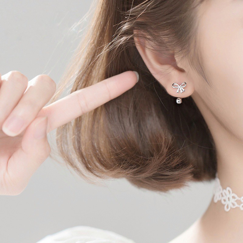 Bông tai bạc nữ bông nơ có chốt vặn không cần chốt DaLiA Jewelry khuyên tai bạc xịn xò