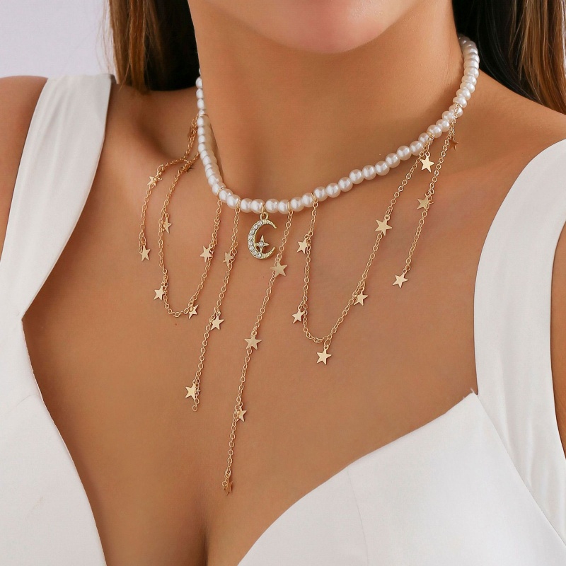Vòng Cổ Choker Thiết Kế Chuỗi Hạt Ngọc Trai Mặt Ngôi Sao Phong Cách Baroque