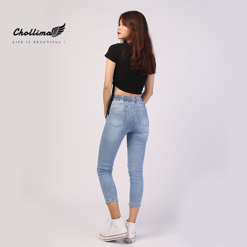 Quần jeans nữ lưng thun Chollima thêu cô gái QD021 - Quần bò 9 tấc lưng thun