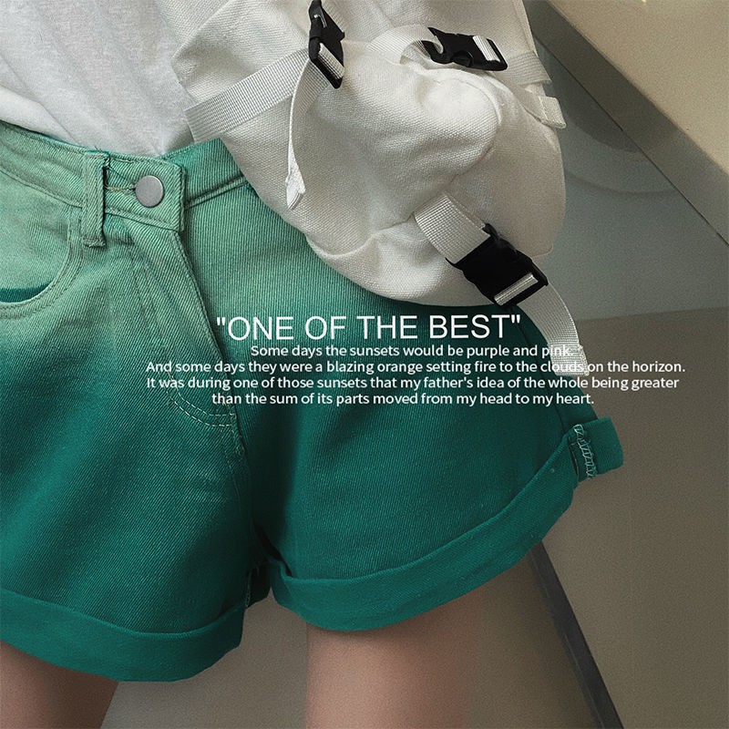 Quần short denim lưng cao ống rộng màu xanh lá thời trang hè 2021 cho nữ