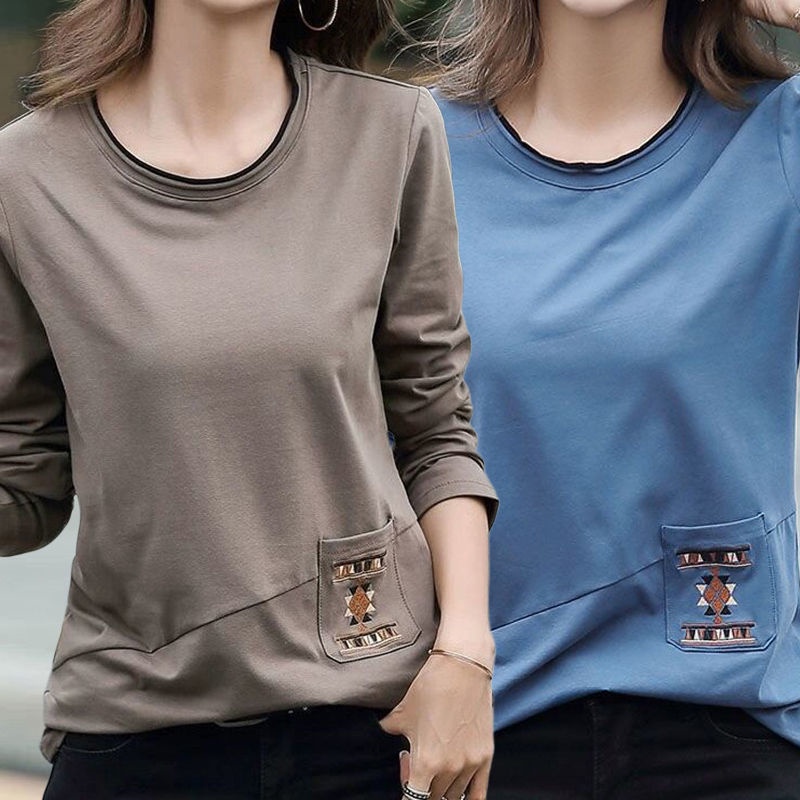 Áo thun tay dài dáng rộng phong cách phương tây dành cho phụ nữ trung niên