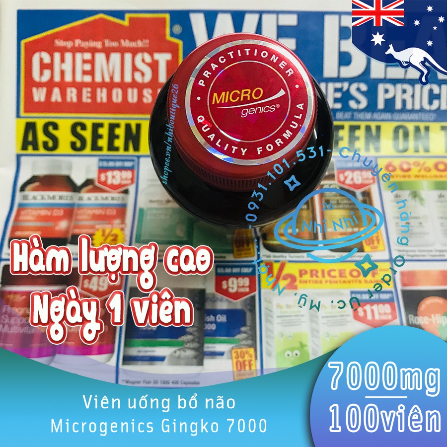 🚀7000mg - NGÀY 1V🚀  Viên uống bổ não - hoạt huyết dưỡng não Microgenics Ginkgo 7000 100 viên 🚀 Chemist Warehouse - Úc 🚀