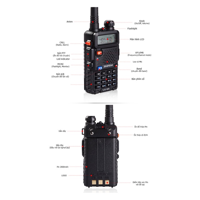 Bộ đàm kỹ thuật số cao cấp Baofeng UV-5R. Nghe đài FM, báo động khẩn cấp, đèn pin, 2 băng tần UHF/VHF