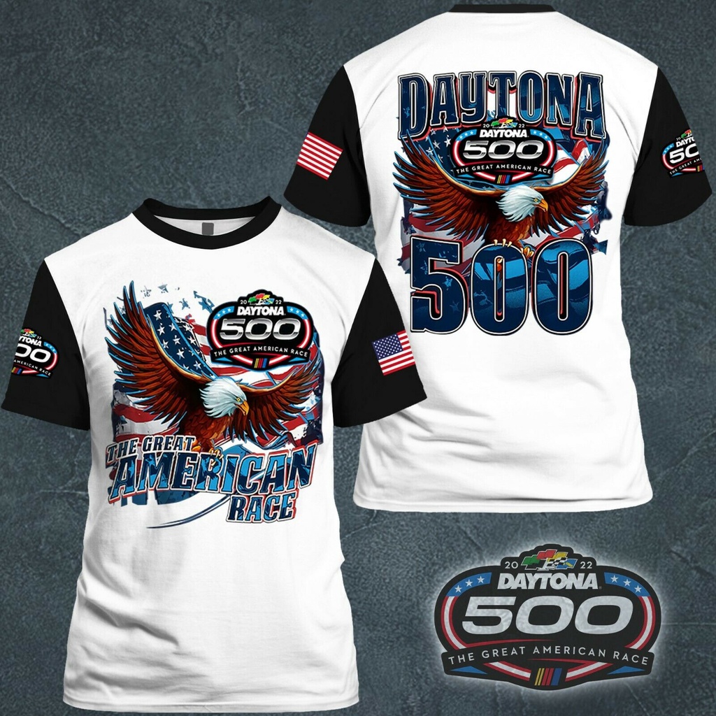 Áo Thun Nam In Hình Đại Bàng Lá Cờ 3D Daytona 500 2022 Mới