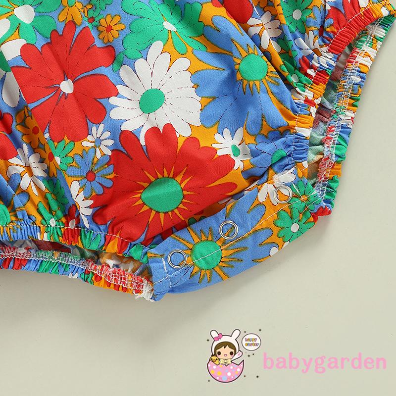 Bộ Áo Liền Quần Tay Ngắn Cổ Tròn In Hoa Kèm Băng Đô Xinh Xắn Cho Bé Gái