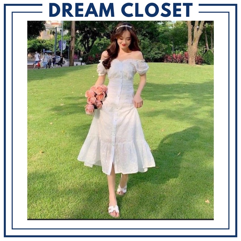 Đầm trắng trễ vai, vải thêu hoa Miu dress