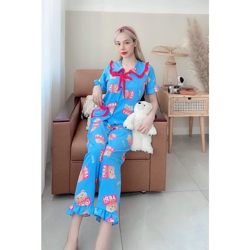 Đồ bộ nữ pijama bộ lụa ngủ mặc nhà tiểu thư tay ngắn quần dài dễ thương
