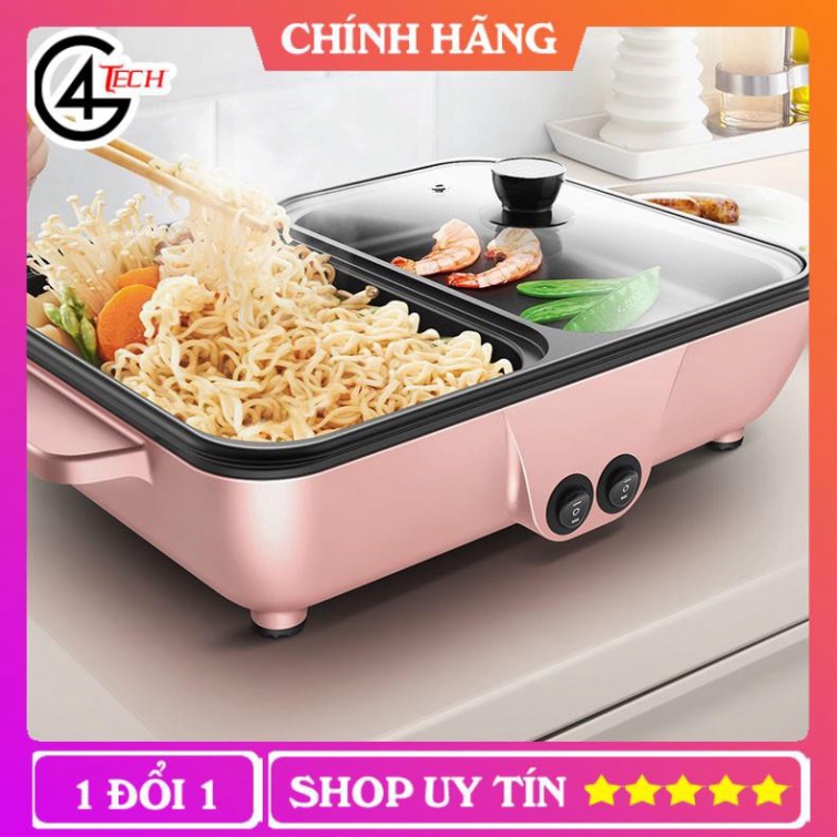 Nồi lẩu nướng điện  Siêu chống dính, Bếp lẩu nướng mini 2 ngăn Cao cấp Bảo hành 6 tháng