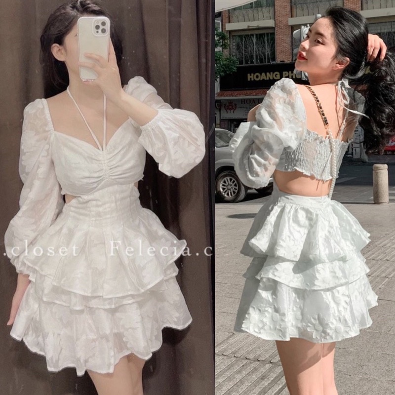 Đầm trắng hoa nổi cổ yếm tay lỡ cutout 💖 KÈM ẢNH THẬT