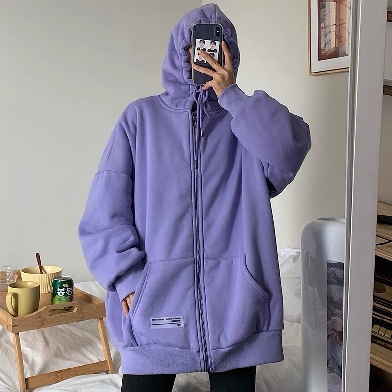 Áo khoác hoodie zip nỉ bông gắn tag cao su form rộng