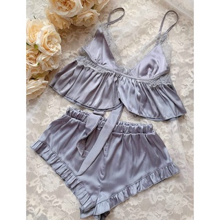 Set Ngủ Lụa 2 Dây Croptop Dễ Thương, Bộ Ngủ mặc nhà lụa cao cấp
