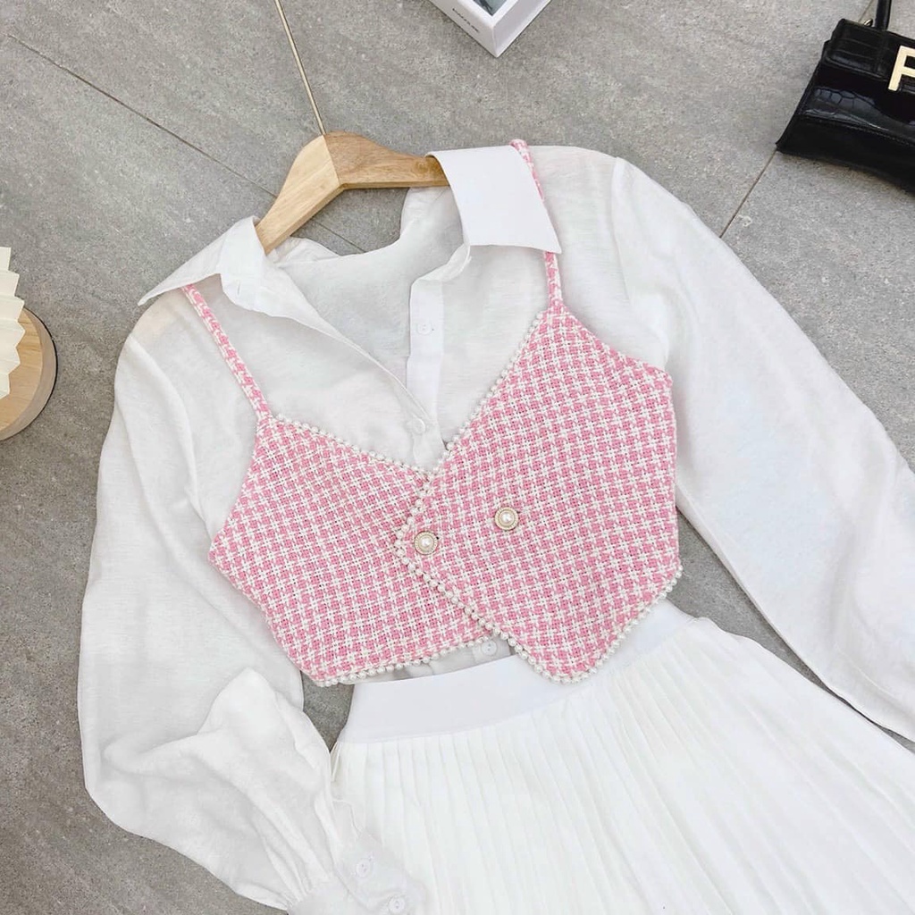 SET 3 món Áo sơ mi trắng kèm Gile caro hồng và Chân váy xếp ly NÀNG CLOSET