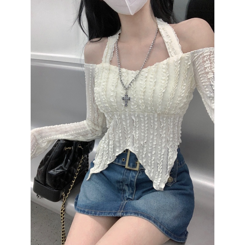 Áo Thun Tay Dài Lệch Vai Dáng Ôm Ngắn Thời Trang Quyến Rũ Cho Nữ