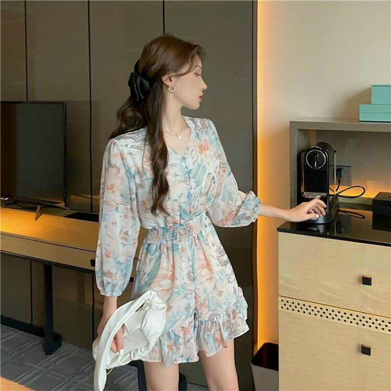 Hàng nhập - Jumpsuit ngắn voan lụa nút bọc, bộ jum đùi tay lỡ