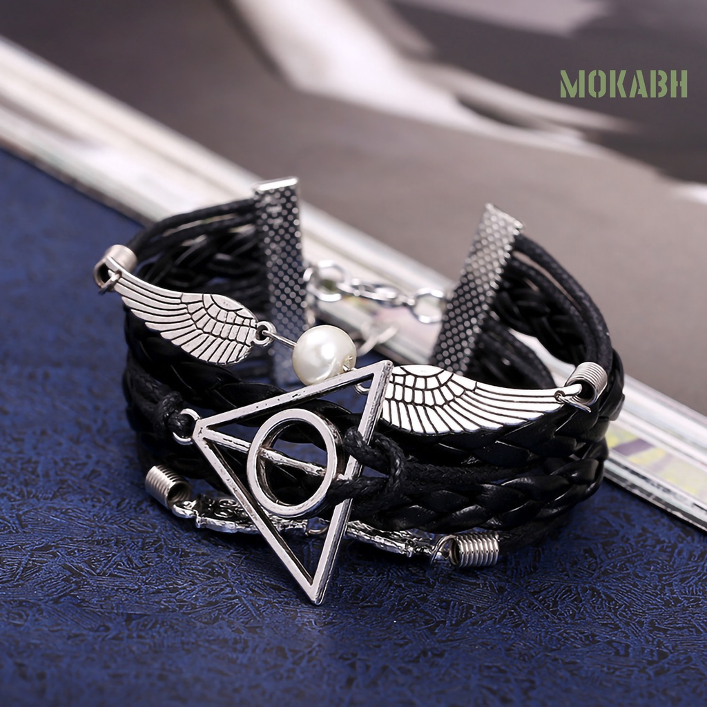 Vòng Tay Bện Dây Da Nhân Tạo Nhiều Lớp Phong Cách Harry P-otter Deathly Hallows