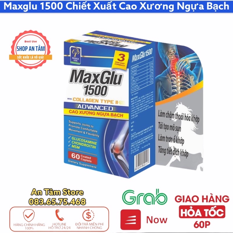 Viên uống MaxGlu 1500 hỗ trợ xương khớp, giúp phục hồi, tái tạo mô sụn khớp, tăng tiết dịch khớp(hộp 60 viên)