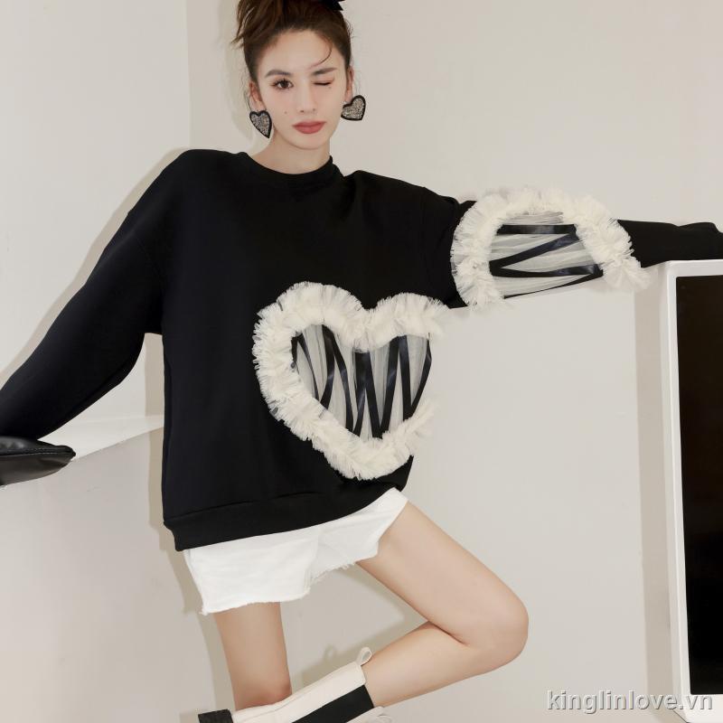 ❤Nước hoa miễn phí❤Áo Sweater Tay Dài Cổ Tròn Dáng Rộng Phối Ren Lưới Xinh Xắn Cho Nữ